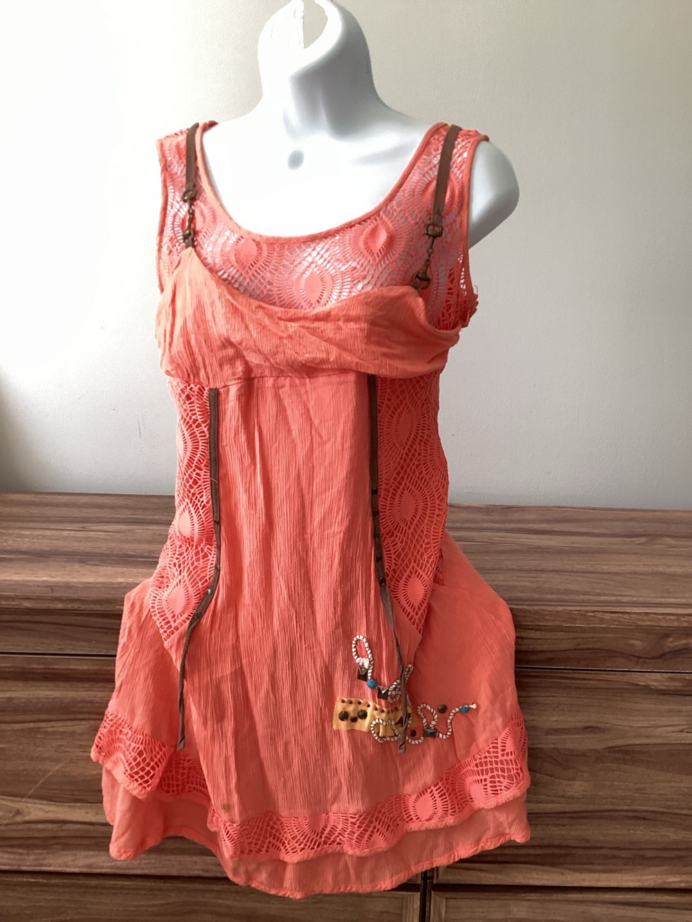 Y2K S&C Coral Beaded Crotched Boho Beaded Mixed Media Layered Mini Dress Size S